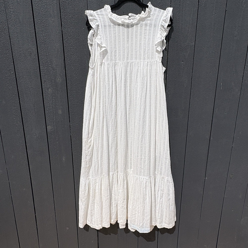 OffOn Cottage Swiss Dot Maxi Dress L Boho Sheer Prairie Romantic Tier Ruffle